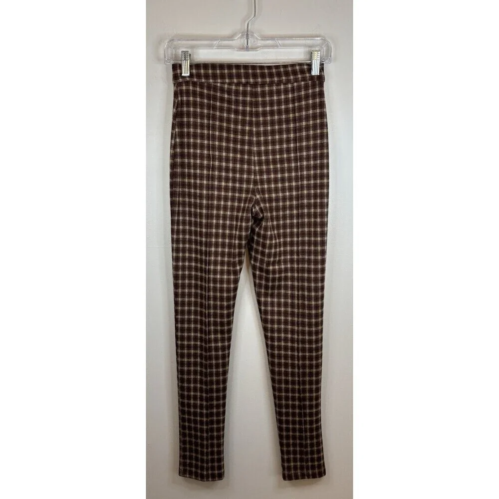 FREE PEOPLE Brown Motif Checkered Pants Women 2 Straight Slim Leg High Rise Soft